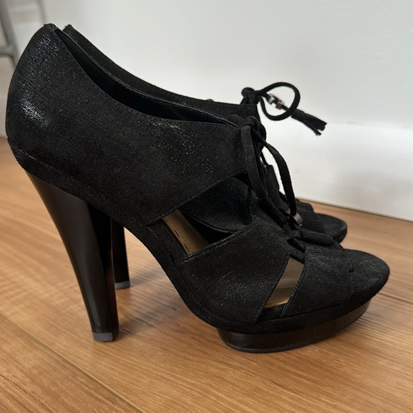 Coach Teagan black sparkly suede platform peep-toe with tassel tie 6.5 - Picture 5 of 9